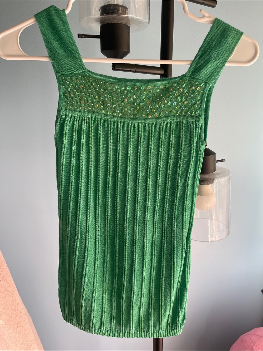 Green Ribbed Tank with Beaded Yoke